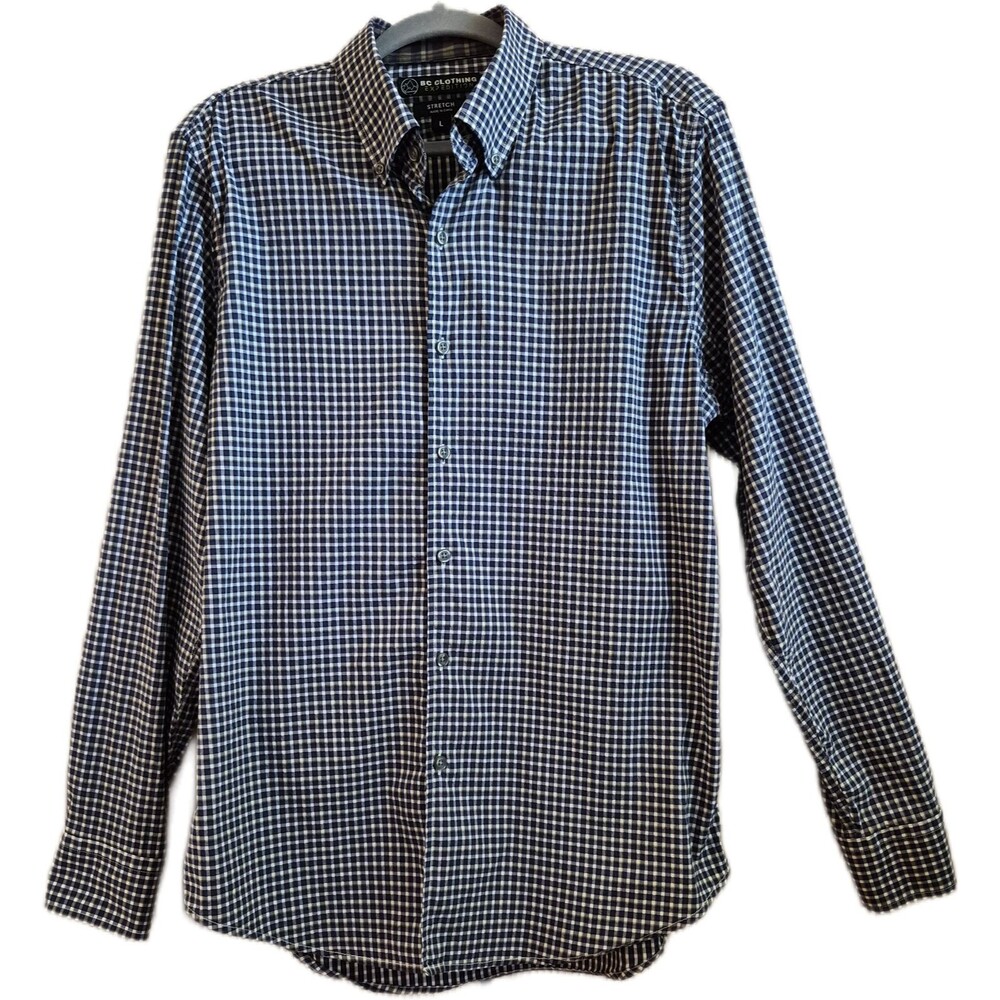 BC Clothing Expedition Men's Shirt Size Large Blue Plaid Stretch Button Up EUC